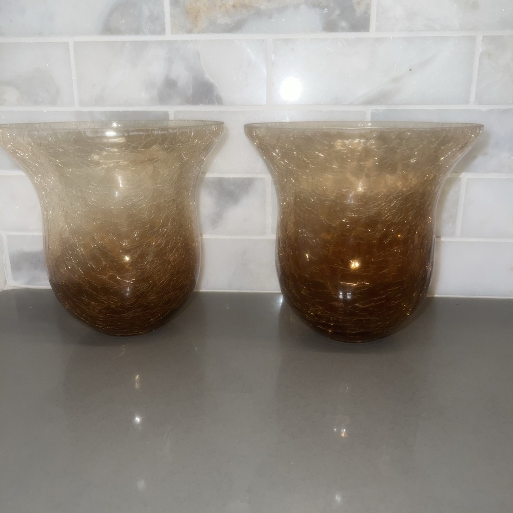 2-VTG Amber Crackle Glass Vases 5.75"H X 4.75".  Beautiful ombre Color. EUC